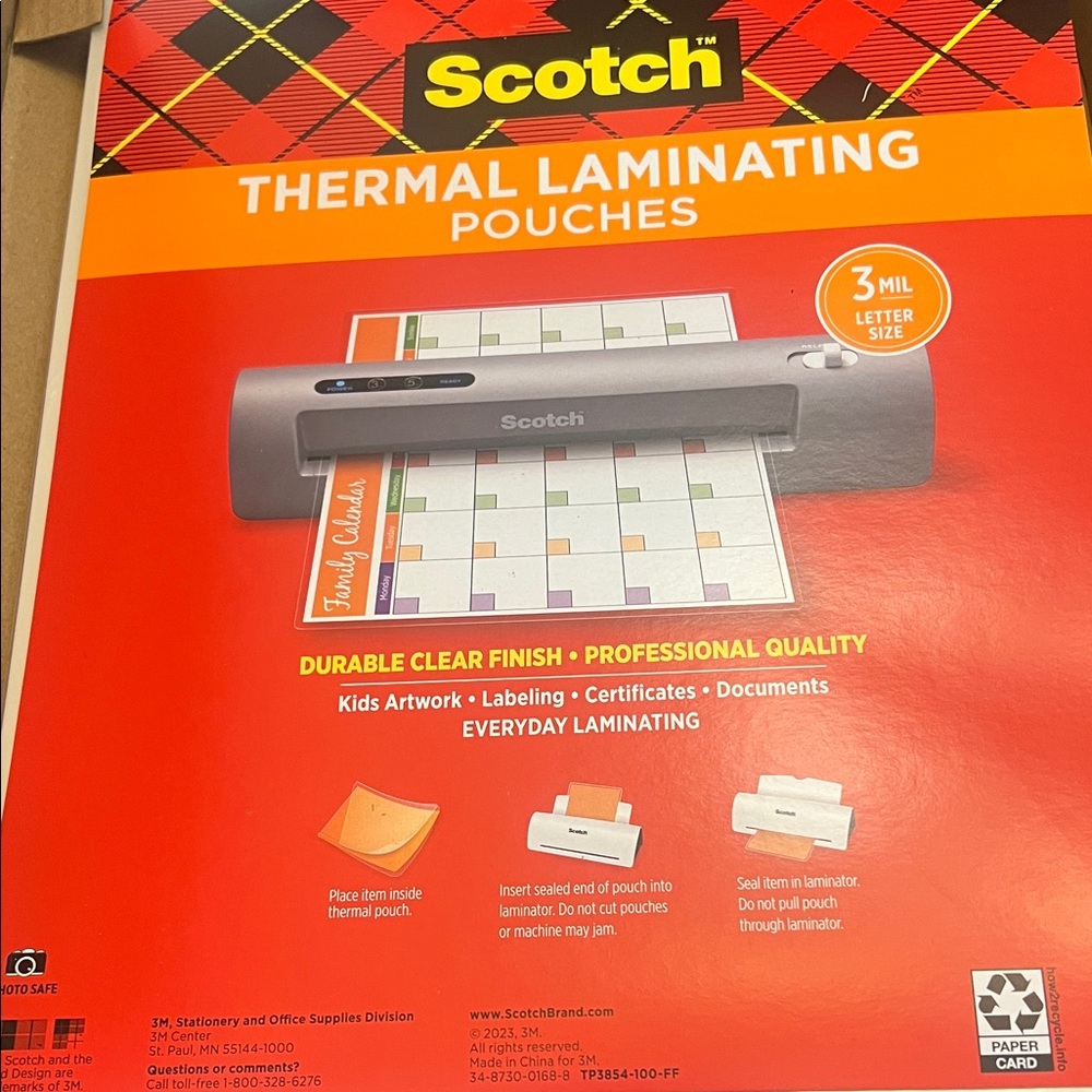 NIB Scotch Thermal Laminating Pouches - 3 mil, Letter Size, Clear 100 ct